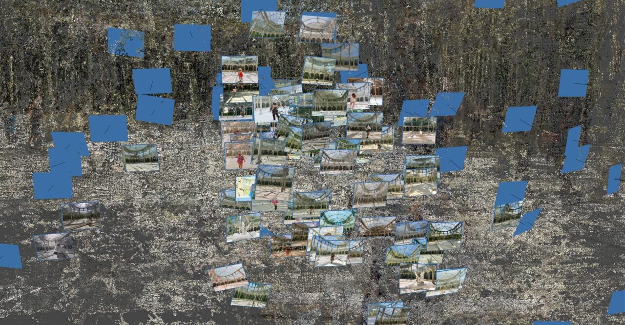 Sparse point cloud with many photo thumbnails and blue camera markers scattered across a dark reconstructed scene.