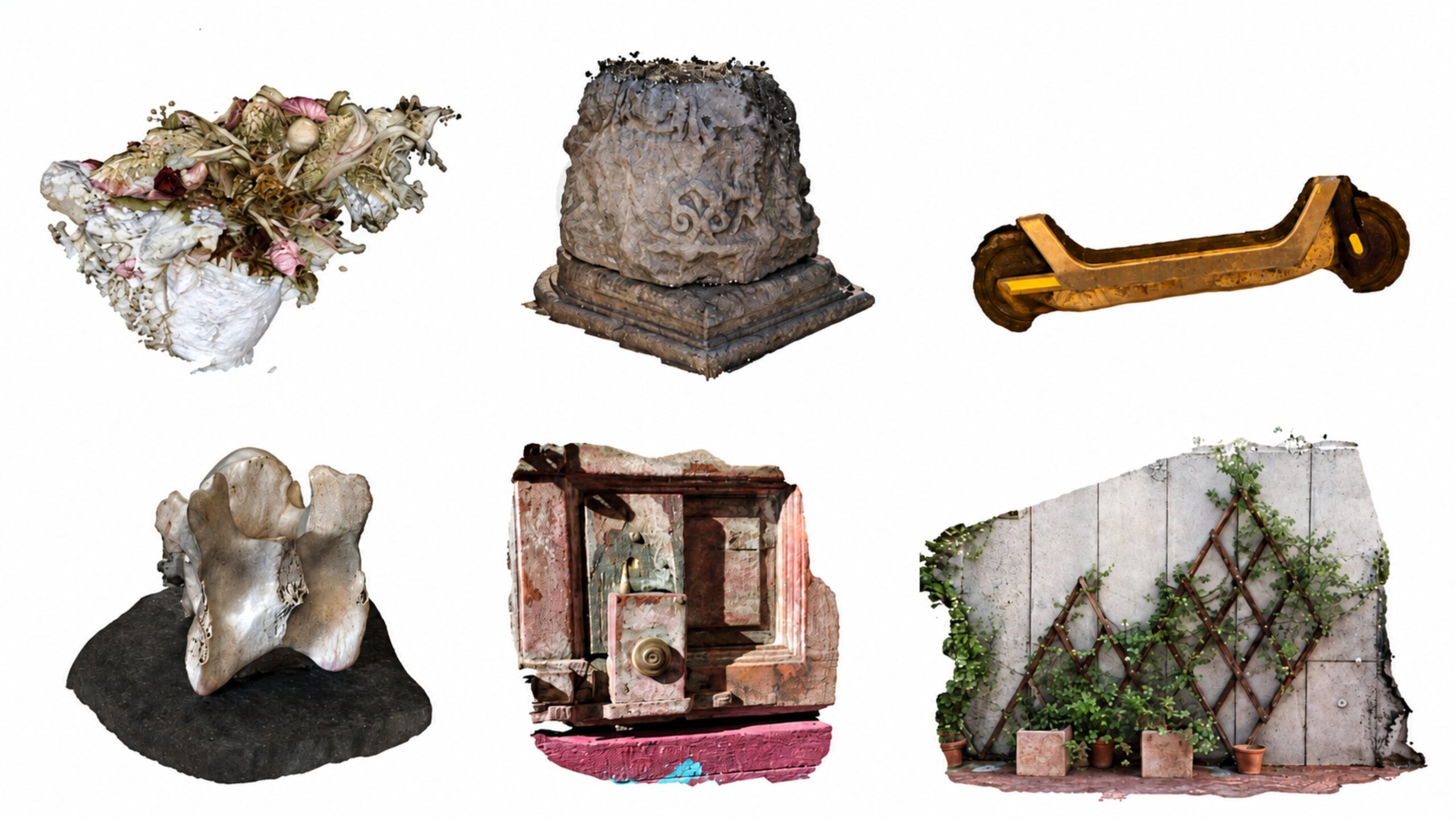 Six scanned models in two rows on white, including plants, stone forms, a metal component and a vine-covered wall.