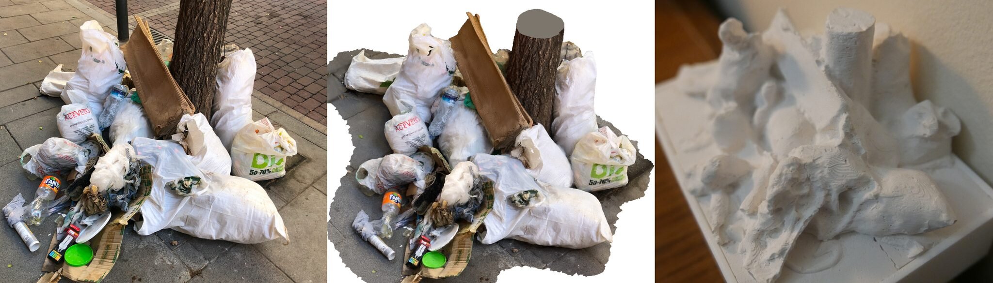 Three panels: a pile of discarded objects on a pavement, the same scene as a textured 3D model, and an untextured white mesh.